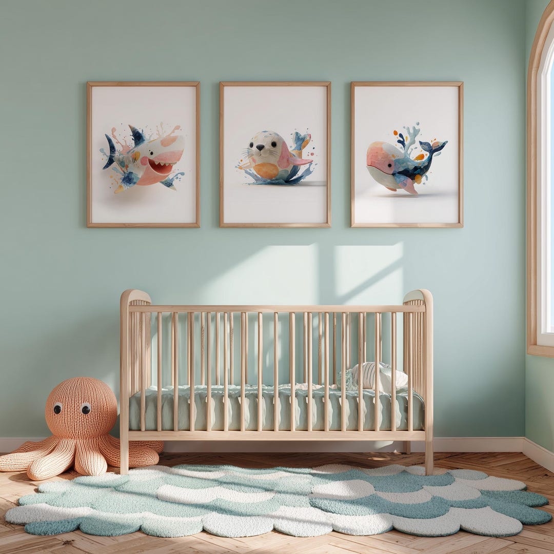 Ocean Nursery Wall Art – Shark Seal Whale Print Set of 3 – Coastal ...