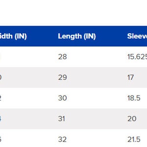 May include: A sizing chart table with the heading Sizing. The columns are labeled Width (IN), Length (IN), and Sleeve Center Back (IN). Rows list sizes S, M, L, XL, and 2XL with corresponding numerical values in inches for each measurement category.