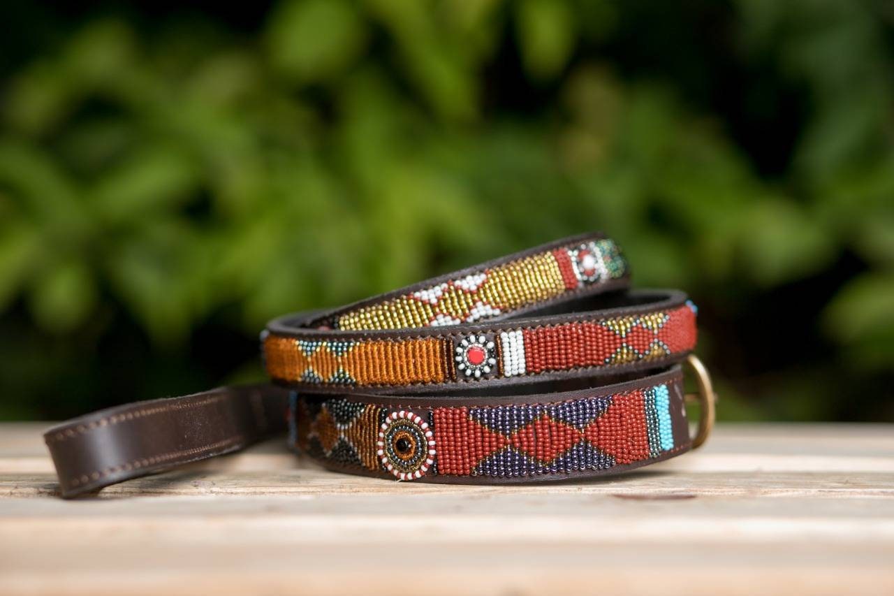 Maasai Beaded Leather Dog Leash, Beaded Leather Dog Leash , Leather Dog