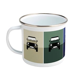 Retro 4x4 Car Enamel Mug for Off Roaders. Gift for Land Rover Defender drivers, Gift for him, Gift for Dad, Gift for Grandad.