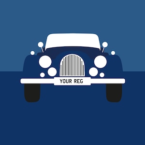 Personalised Morgan car poster. Morgan Roadster in Indigo Blue.