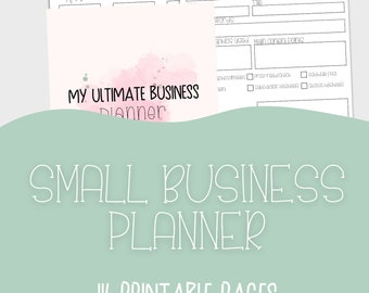 May include: A pink and white printable planner with the text "My Ultimate Business Planner" and "Small Business Planner" in black text. The planner includes 116 printable pages and the website "JessesWorldOfDigital.Etsy.com".
