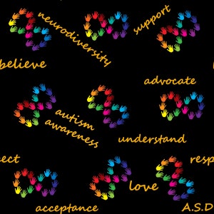 autism awareness seamless file, neurodiversity print, autism infinity symbol, rainbow hands, fabric printing seamless file