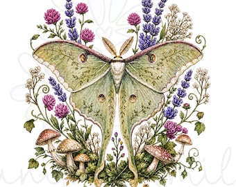 May include: A watercolor illustration of a Luna moth with green wings, surrounded by purple lavender, pink clover, mushrooms, and other foliage. The moth has detailed markings and is centered in the image. The text "Juniper smiles" is at the bottom left.
