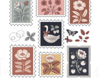 Boho floral png, retro floral postal stamp png, goose png, boho stamp png, floral png, Floral Cottagecore png, Botanical Digital Download