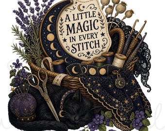 May include: A wicker basket filled with sewing supplies including spools of thread, crochet hooks, and an embroidery hoop displaying the text A LITTLE MAGIC IN EVERY STITCH. A black cat sleeps beside a purple pincushion, scissors, and lavender sprigs.