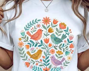 Cottagecore vogels en bloemen png, volkskunst vogel png, grafische wilde bloemen png, boho bloemen png, volkskunst bloemen png-ontwerp, shirt vogels, shirt vogels