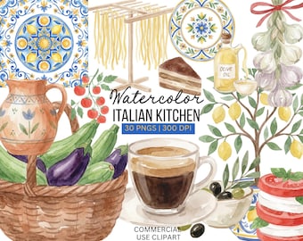 May include: Watercolor illustration of an Italian kitchen with various food items and kitchenware. Includes a basket of vegetables, a cup of coffee, a bottle of olive oil, and a plate with a floral design. The text "Watercolor Italian Kitchen" is also present.