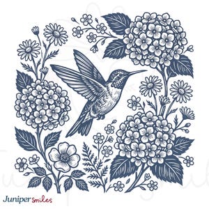 May include: A detailed illustration of a hummingbird in flight, surrounded by flowers and foliage. The design features hydrangeas, daisies, and other floral elements in a navy blue color. The text "Juniper smiles" is at the bottom left.