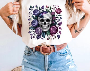 Calavera floral gótica PNG, descarga digital, diseño floral gótico bohemio PNG, diseño de sublimación de calavera, diseño de camiseta de calavera, clipart de calavera, arte gótico