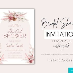 Bridal Shower Invitation Boho Design Template  Floral Invitation Bridal Shower Shower Invitation Baby Shower Invitation