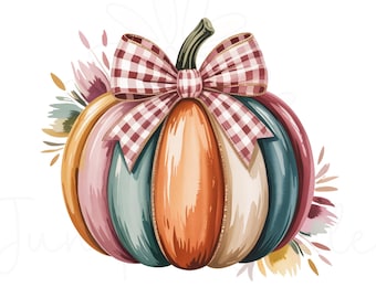 Gingham Bow Pumpkin PNG, Watercolor Floral Fall Design, Pumpkin Sublimation png, Fall png, Patchwork Pumpkin Shirt, Thanksgiving png