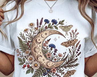 Himmlischer Mond mit Blumenmuster (PNG), Spirituelles Motiv (PNG), Mond-Sublimationsdesign mit Blumenmuster, Wildblumen (PNG), Mondgöttinnen-Shirt (PNG), Hexe (PNG), Mondfalter (PNG)