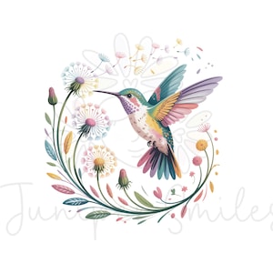 Op de afbeelding: Een aquarel illustratie van een kolibrie met kleurrijke veren, zwevend bij paardenbloemen. De vogel heeft een lange snavel en wordt omringd door een bloemenkrans in pastelkleuren. De afbeelding heeft een grillige en artistieke stijl.