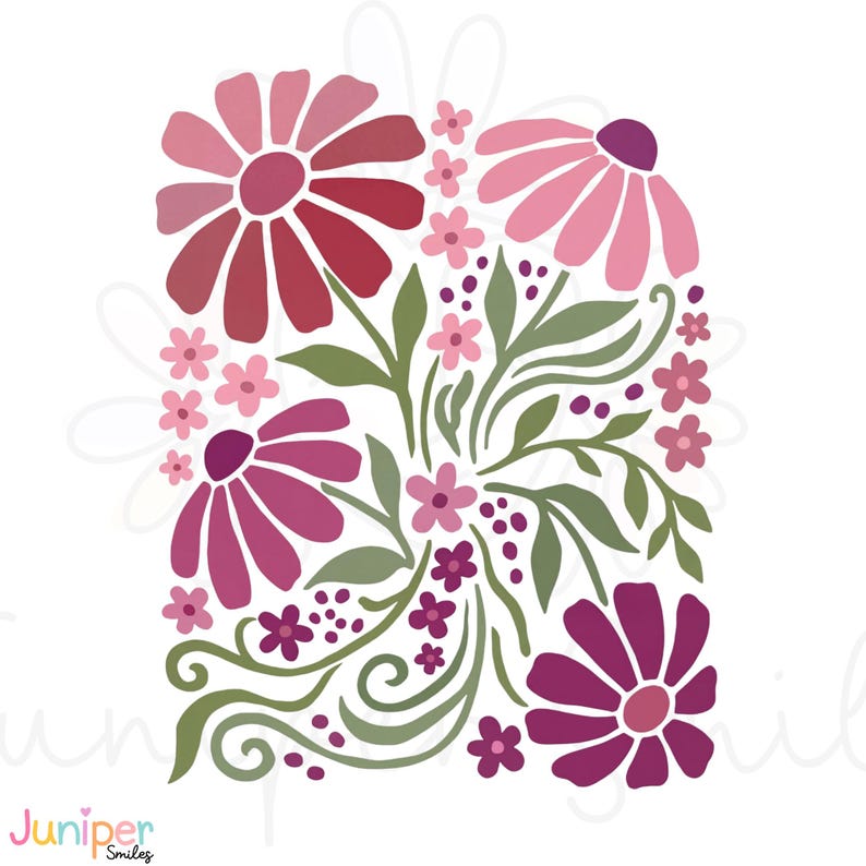 May include: A floral stencil design featuring various flowers in shades of pink and red, with green leaves and stems. The design includes large daisy-like flowers, smaller blossoms, and decorative swirls. The words "Juniper Smiles" are at the bottom.