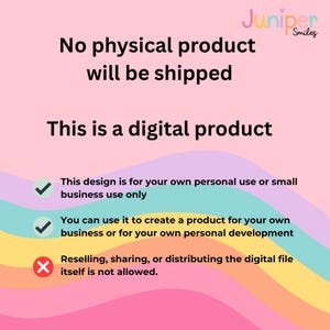 Puede incluir: Anuncio de producto digital sobre un fondo rosa con arco&iacute;ris. El texto indica que no se enviar&aacute; ning&uacute;n producto f&iacute;sico y detalla los derechos de uso y las restricciones del archivo digital.