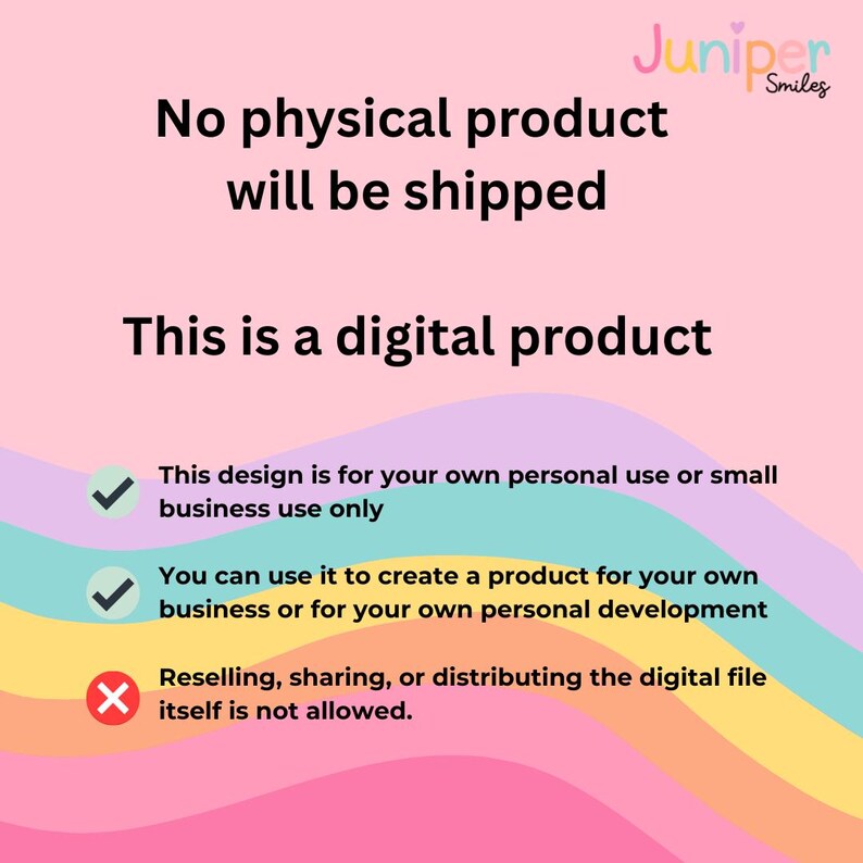 Puede incluir: Anuncio de producto digital sobre un fondo rosa con arco&iacute;ris. El texto indica que no se enviar&aacute; ning&uacute;n producto f&iacute;sico y detalla los derechos de uso y las restricciones del archivo digital.