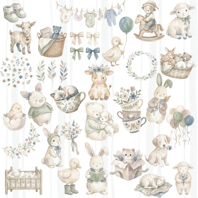 Baby Nursery Clipart Bundle, Baby Farm Animals Clipart, Baby Shower ...