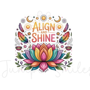K&ouml;nnte beinhalten: Bunte Illustration mit dem Schriftzug "Align and Shine". Das Design zeigt eine Lotusblume, Federn, Monde, Sonnen und Sterne in Rosa, Gelb, Blau und Lila. Das Thema ist spirituell und dekorativ, mit einem wei&szlig;en Hintergrund.