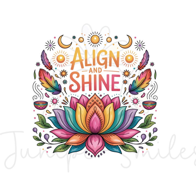 K&ouml;nnte beinhalten: Bunte Illustration mit dem Schriftzug "Align and Shine". Das Design zeigt eine Lotusblume, Federn, Monde, Sonnen und Sterne in Rosa, Gelb, Blau und Lila. Das Thema ist spirituell und dekorativ, mit einem wei&szlig;en Hintergrund.