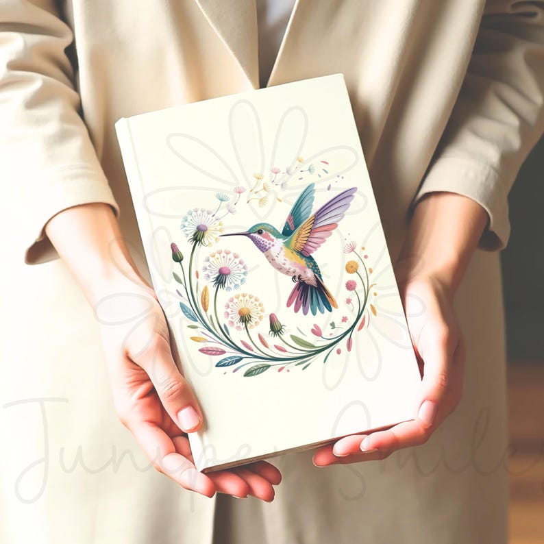 Op de afbeelding: Een cr&egrave;mekleurig notitieboek met een kleurrijk kolibrie-ontwerp. De kolibrie is omgeven door een bloemenkrans met paardenbloemen en andere bloemen. Het notitieboek wordt voor een neutrale achtergrond gehouden.