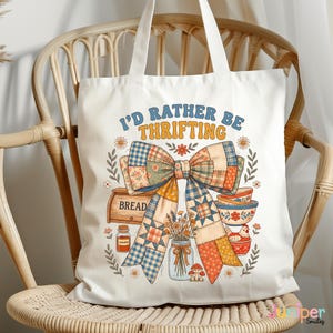 I'd Rather Be Thrifting PNG, Vintage Thrift Lover Design, Cottagecore Patchwork Bow Graphic, Antique Shopper PNG, Grandmacore Sublimation
