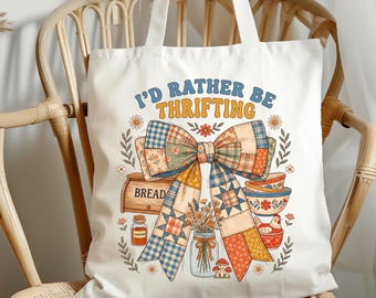 I'd Rather Be Thrifting PNG, Vintage Thrift Lover Design, Cottagecore Patchwork Bow Graphic, Antique Shopper PNG, Grandmacore Sublimation