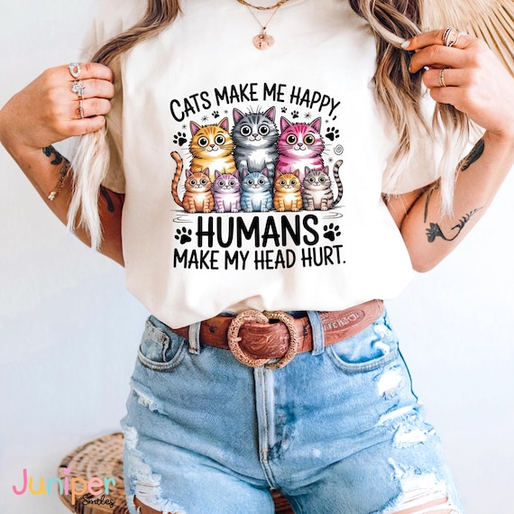 Funny Cat Quote PNG “Cats Make Me Happy, Humans Make My Head Hurt” Watercolor Messy Cat Sublimation Design, Cat Mom Design, Cat Lover png