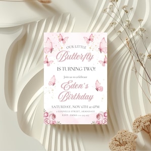 Butterfly Birthday Invitation, Pink Butterfly Birthday Invitation Template, Girls Birthday, Birthday Girl, Butterflies and Flowers Pink