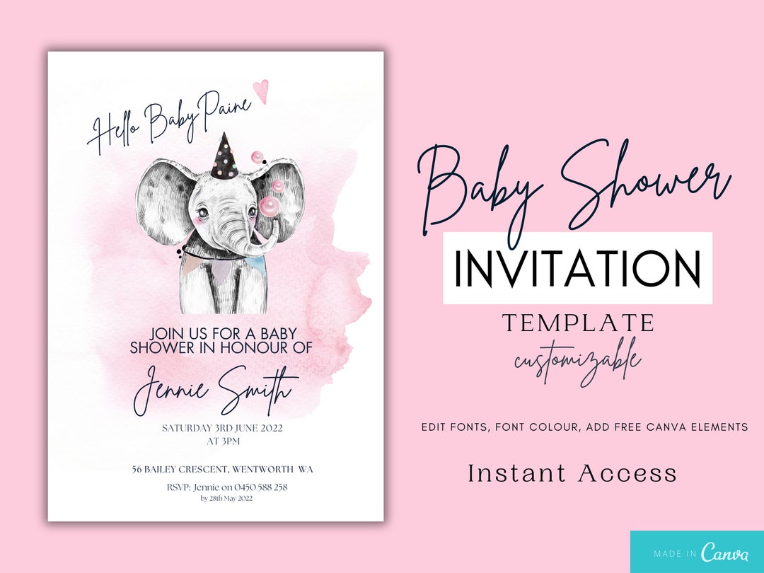 Pink Elephant Baby Shower Invitation Design Template Baby Etsy
