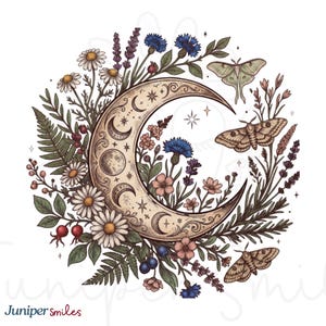 May include: A celestial illustration featuring a crescent moon adorned with phases, surrounded by daisies, lavender, blue cornflowers, and moths. The design incorporates a vintage aesthetic with a color palette of beige, green, blue, and pink.