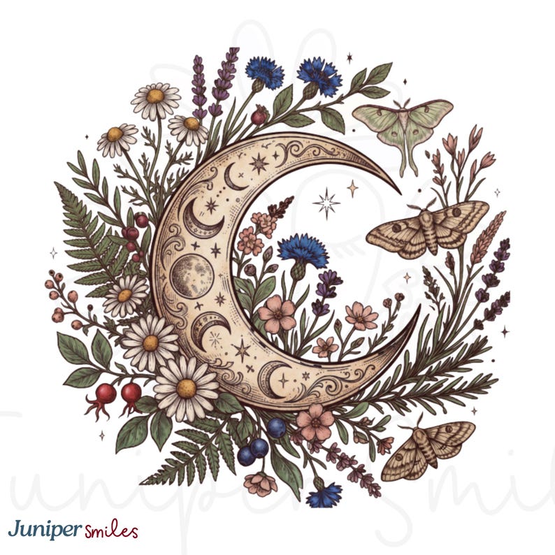 May include: A celestial illustration featuring a crescent moon adorned with phases, surrounded by daisies, lavender, blue cornflowers, and moths. The design incorporates a vintage aesthetic with a color palette of beige, green, blue, and pink.