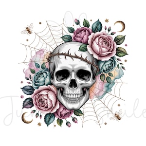 Floral Skull Sublimation, Skull Roses Hearts shirt png, Gothic Skull png, Spooky Skeleton PNG, Digital Download, Boho Mug png, Tote Bag png