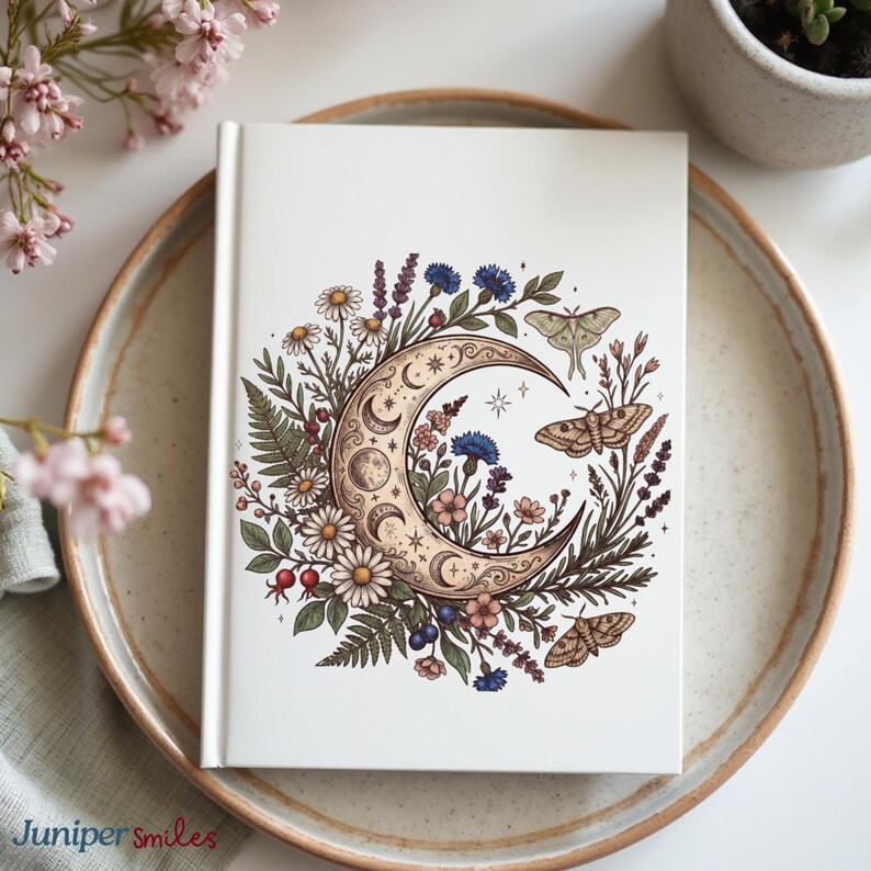 May include: A white journal featuring a crescent moon design with floral and moth illustrations. The moon is surrounded by daisies, blue cornflowers, and other botanical elements. The journal is on a ceramic plate.