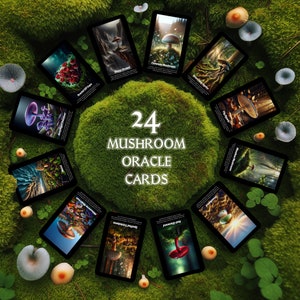 Conjunto exclusivo de 24 cartas de oráculo de cogumelo - Cartões de mensagem de cogumelo para impressão