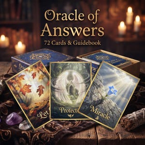May include: Oracle of Answers 72 Cards & Guidebook set featuring a box and three display cards. The cards show illustrations of autumn leaves, a stone archway with angel wings, and a blue flower on a rock with the text Let, Protection, and Miracle.