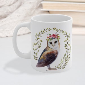 Wise Owl Mug 11oz, Woodland animal Coffee mug, Gift for her Tea mug, office desk gift, house warming ceramic mug, watercolor floral cup