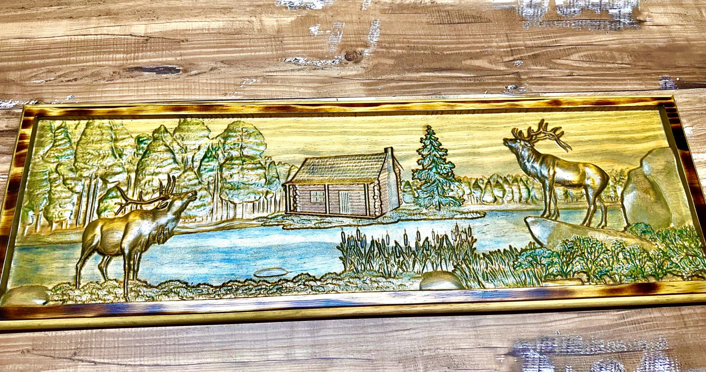 Intricate wooden wall art with Adirondack wildlife carving