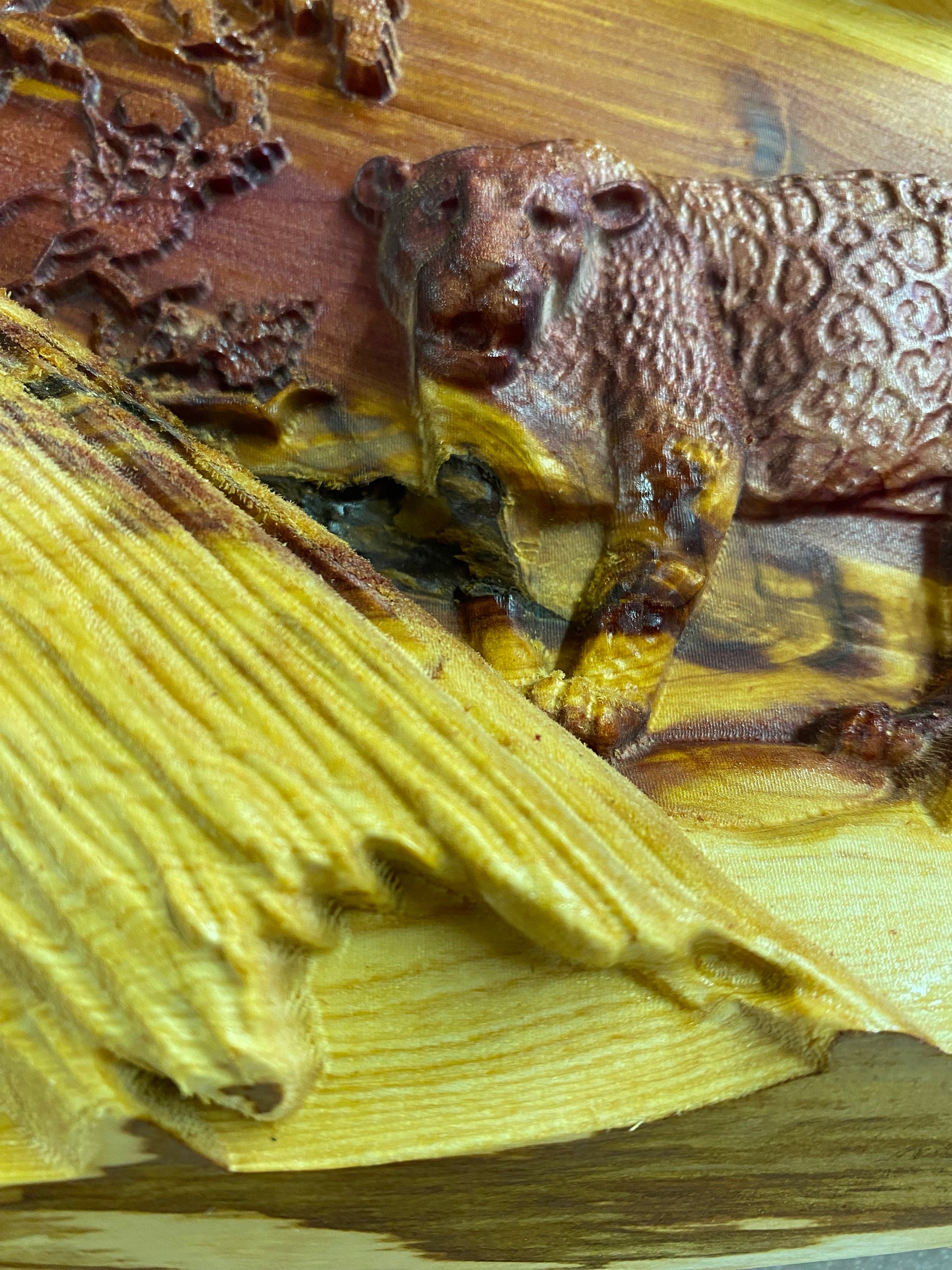 Red Cedar Log Carving Rustic Live Edge 3D Carved Jaguar With Forest