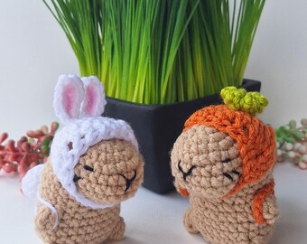 Handmade Capybara - Crocheted Plush - Bunny Hat - Bunny Tail - Carrot Backpack - Easter - Amigurumi