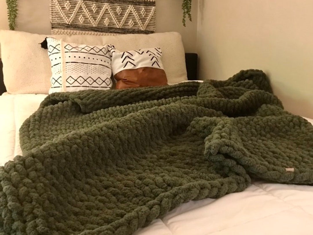 Olive Green Blanket Forest Green Throw Olive Chunky Knit Etsy