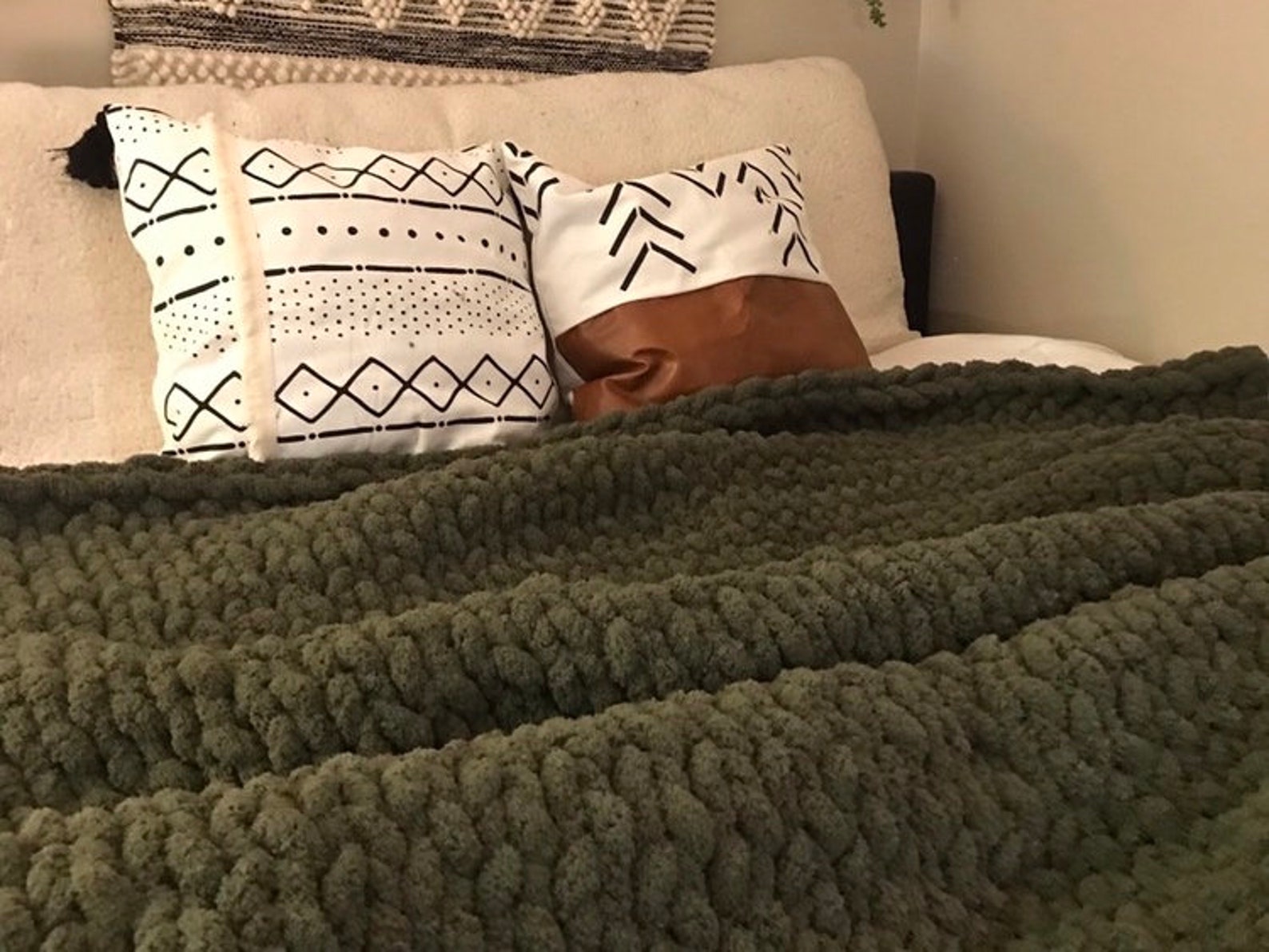 Olive Green Blanket Forest Green Throw Olive Chunky Knit Etsy