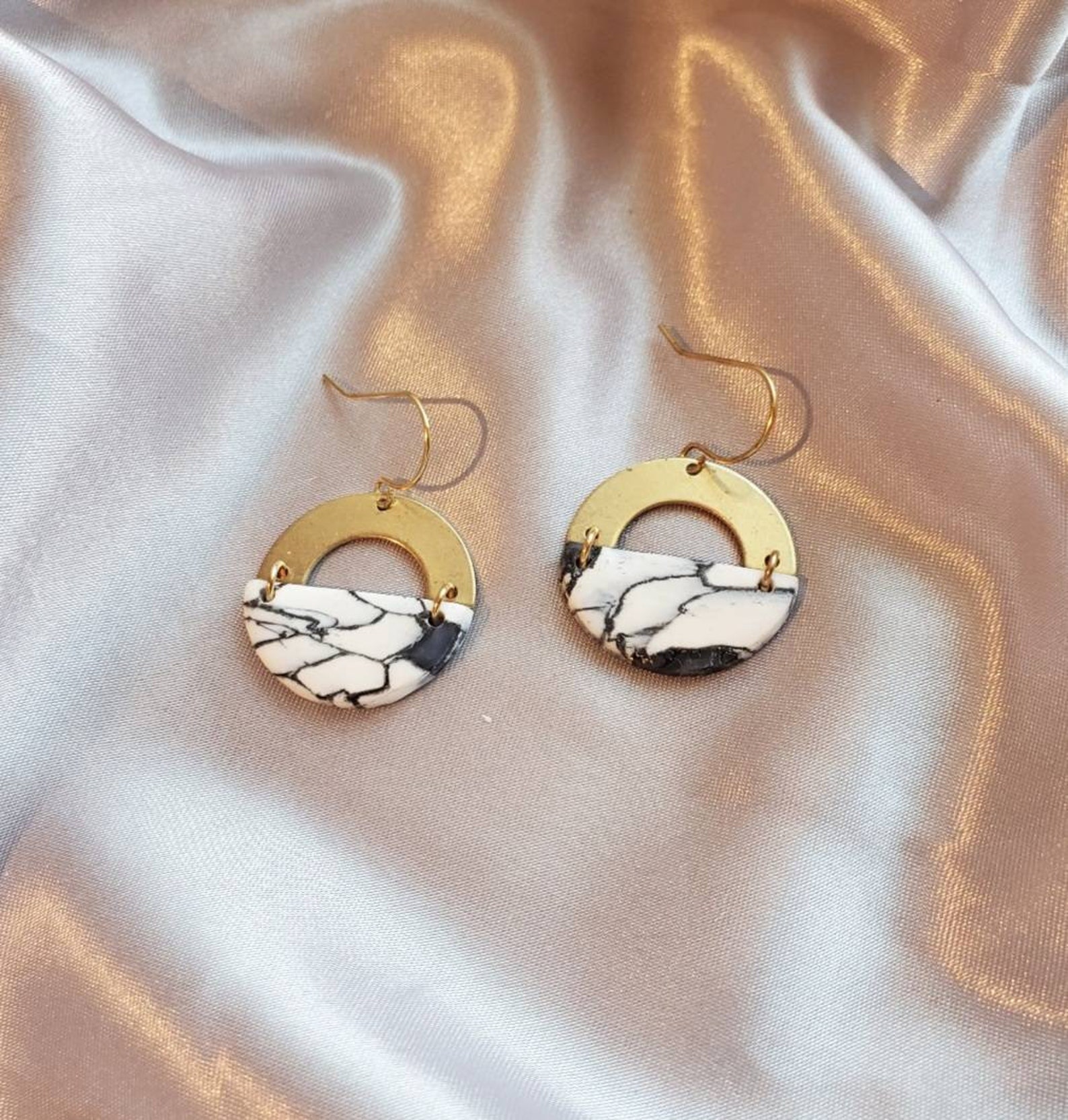Onyx White Marble & Brass Handmade Polymer clay earrings | Etsy