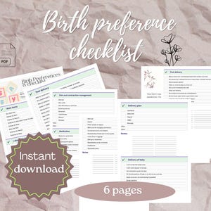 Könnte beinhalten: Ein sechseitiges Set von Geburtspräferenz-Checklisten auf weißem Papier mit grünen und violetten Kopfzeilen, Kontrollkästchen und Zeilen für Notizen. Die Seiten enthalten Abschnitte für Hauptartikel, Wehen, Schmerzmanagement, Medikamente und Entbindung.