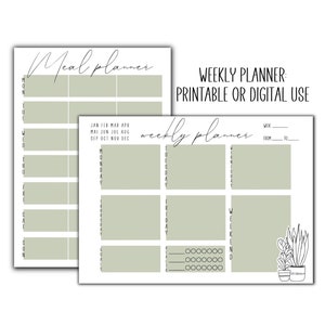 May include: Printable weekly planner with a green background and a section for meal planning. The planner includes sections for Monday through Sunday, as well as a section for goals and a section for weekend tasks. The planner also includes a section for notes and a section for a weekly overview.