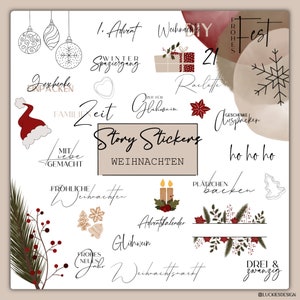 May include: A set of 16 Christmas-themed story stickers with illustrations of presents, candles, a Christmas tree, a snowflake, and a gingerbread house. The stickers feature text in German, including "Zeit für Glühwein", "Frohe Weihnachten", "Plätzchen backen", and "Drei & Zwanzig".
