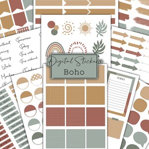 Könnte beinhalten: Digitale Sticker im Boho-Stil mit einer Vielzahl von Formen, Farben und Mustern. Die Sticker umfassen Pfeile, Kreise, Quadrate und Rechtecke in Braun-, Rot- und Grüntönen. Der Text "Digital Stickers Boho" ist im Bild enthalten.