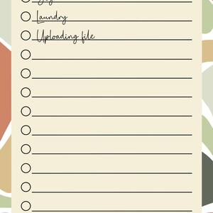 May include: A beige to-do list with a black pen and circles for ticking off tasks. The list includes "Yoga", "Laundry", and "Uploading file".