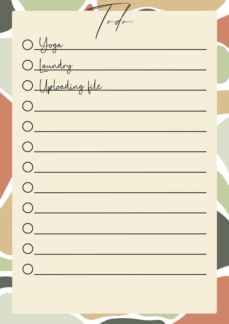 May include: A beige to-do list with a black pen and circles for ticking off tasks. The list includes "Yoga", "Laundry", and "Uploading file".