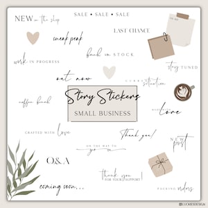 May include: A set of 15 digital story stickers for small businesses. The stickers feature various phrases and illustrations, including "New in the shop", "Coffee break", "Out now", "Thank you", "Coming soon", and "Made with love".